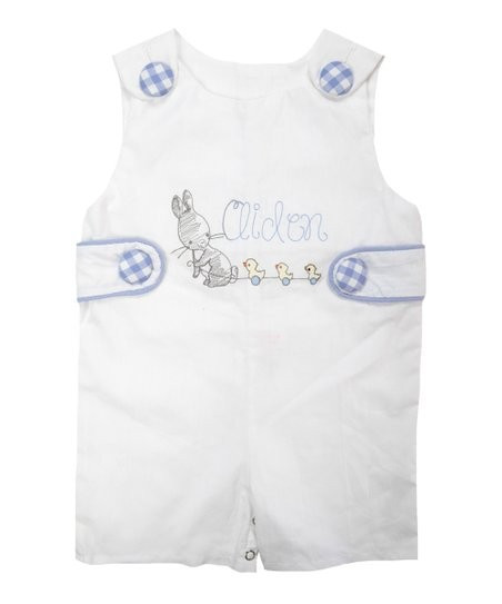 White & Blue Bunny Personalized Seersucker Shortalls - Infant & Toddler | Zulily