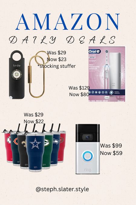 Amazon holiday deals. Daily deals. Birdie on sale. Electric toothbrush. Ring on sale. NFL sports cups on sale 

#LTKSeasonal #LTKGiftGuide #LTKsalealert