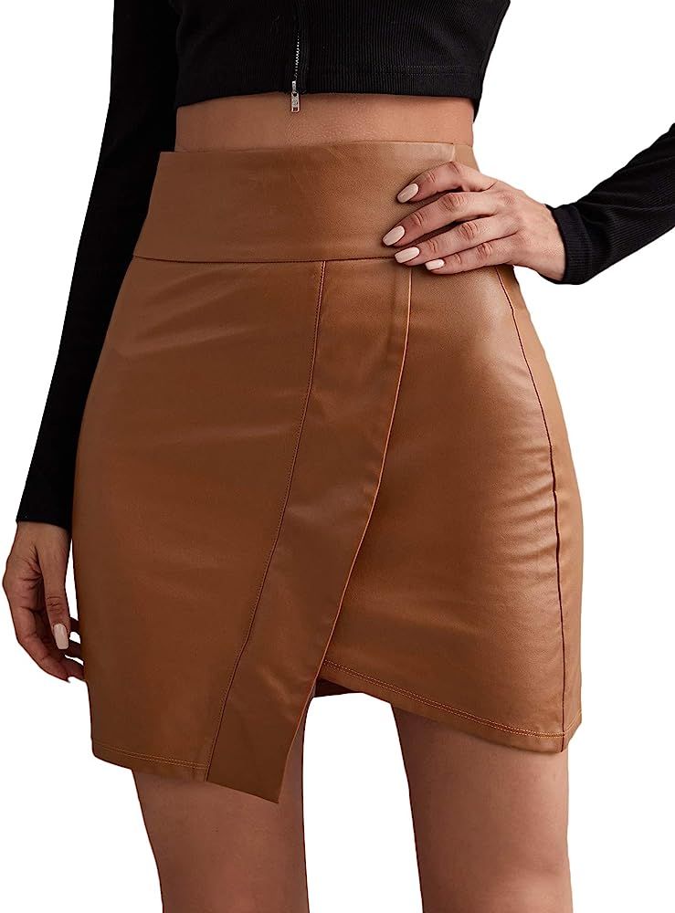 SheIn Women's Faux Leather High Waisted Mini Skirt Pu Split Bodycon Short Skirts with Slit | Amazon (US)