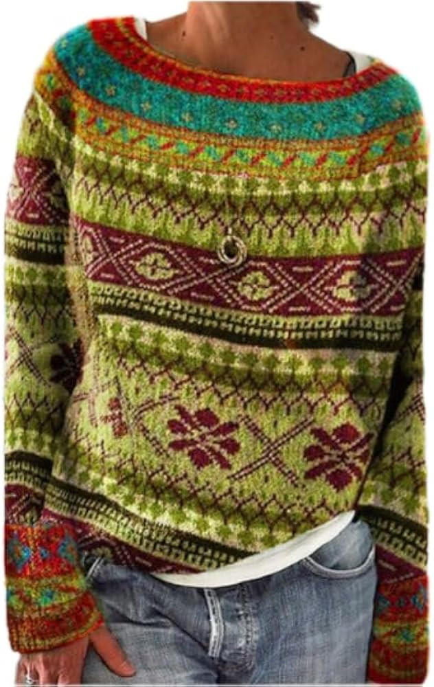 Women's Fair Isle Sweater Boho Pattern Crewneck Casual Striped Knitted Pullover Tops Oversized | Amazon (US)