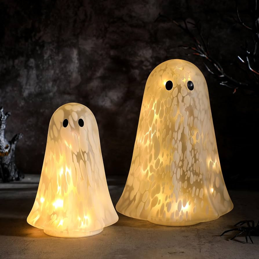 Flutesan 2 Pcs Halloween Confetti Ghost Glass Table Light Set, Cute Glass Ghost Light up for Home... | Amazon (US)