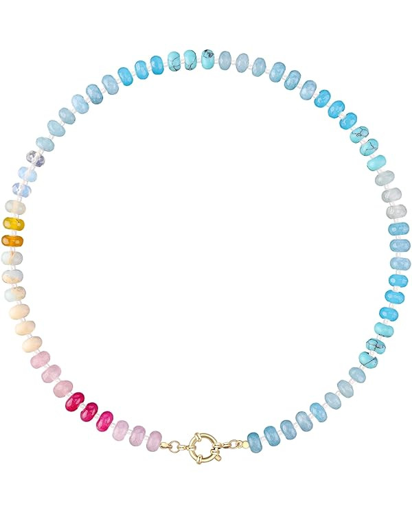 Colorful Beaded Gemstone Necklace for Women Boho Rainbow Bead Choker Necklace Natural Stone Cryst... | Amazon (US)