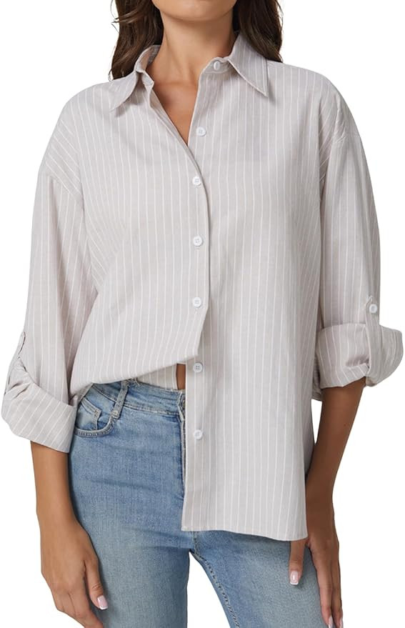 QINSEN Oversized Button Down Shirts for Women Long Sleeve Striped Casual Blouse Cotton Tops | Amazon (US)