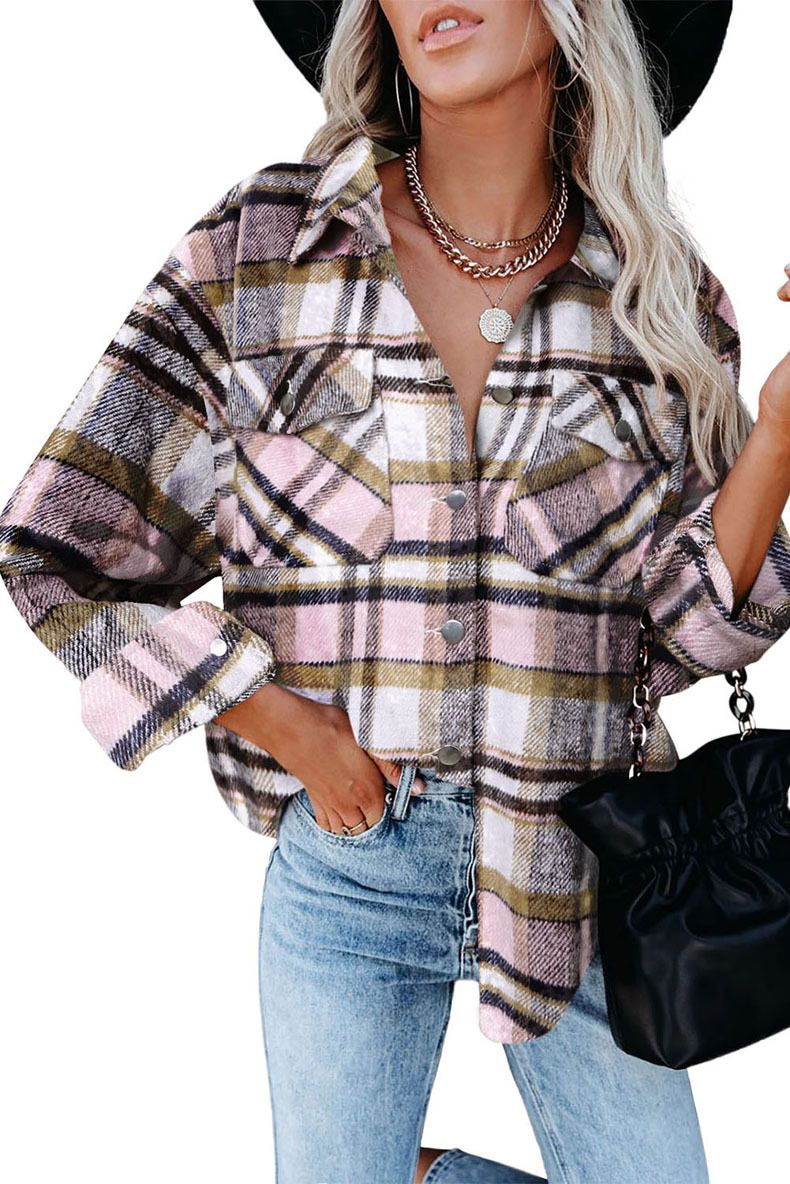 OLRIK Women's loose casual retro plaid long-sleeved shirt jacket | Walmart (US)