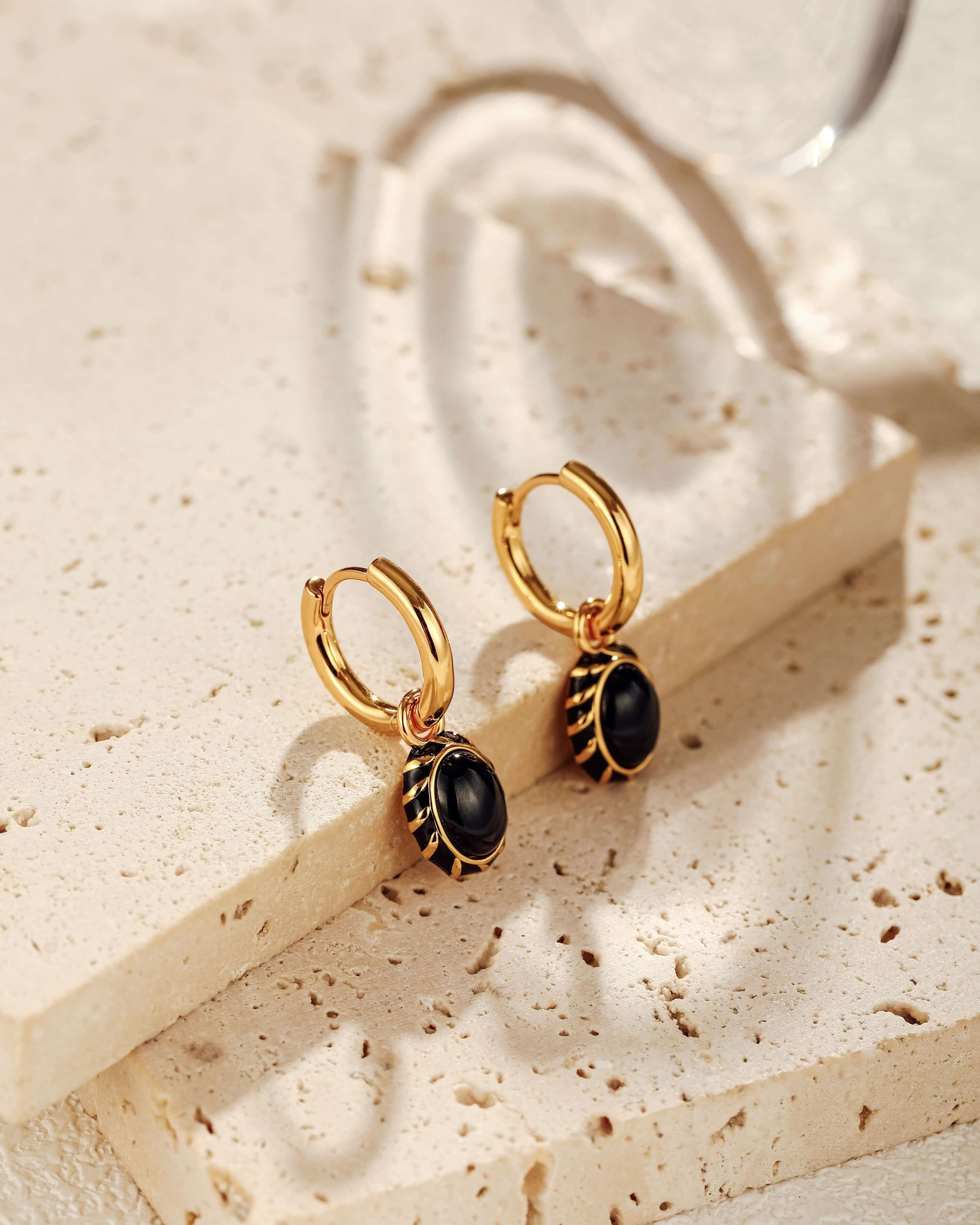 「Eclipse」 Black Onyx and Enamel Pendant Earrings | Suihe Jewelry