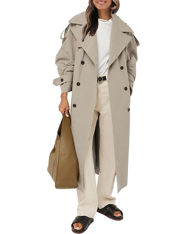 Farktop Womens Oversized Long Trench Coat Double Breasted Lapel Windproof Overcoat with Belt | Amazon (US)