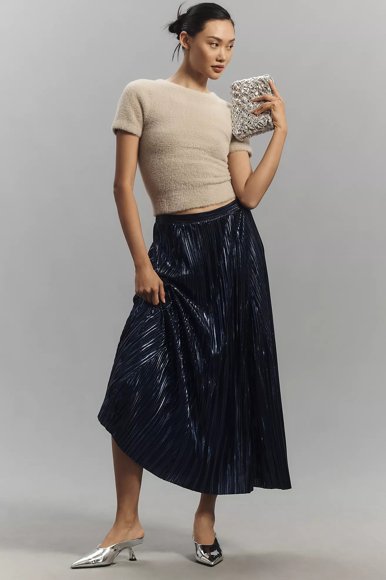 By Anthropologie Metallic Pleated Midi Skirt | Anthropologie (US)