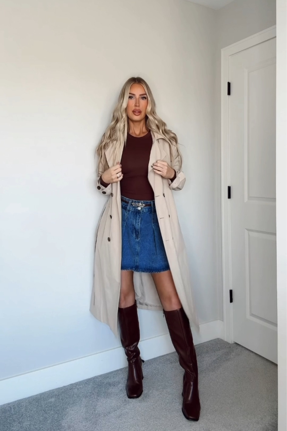 Wearing a size S in the long sleeve top & trench coat and a size M in the skirt 🤎 boots are TTS

#LTKFindsUnder50 #LTKFindsUnder100 #LTKStyleTip