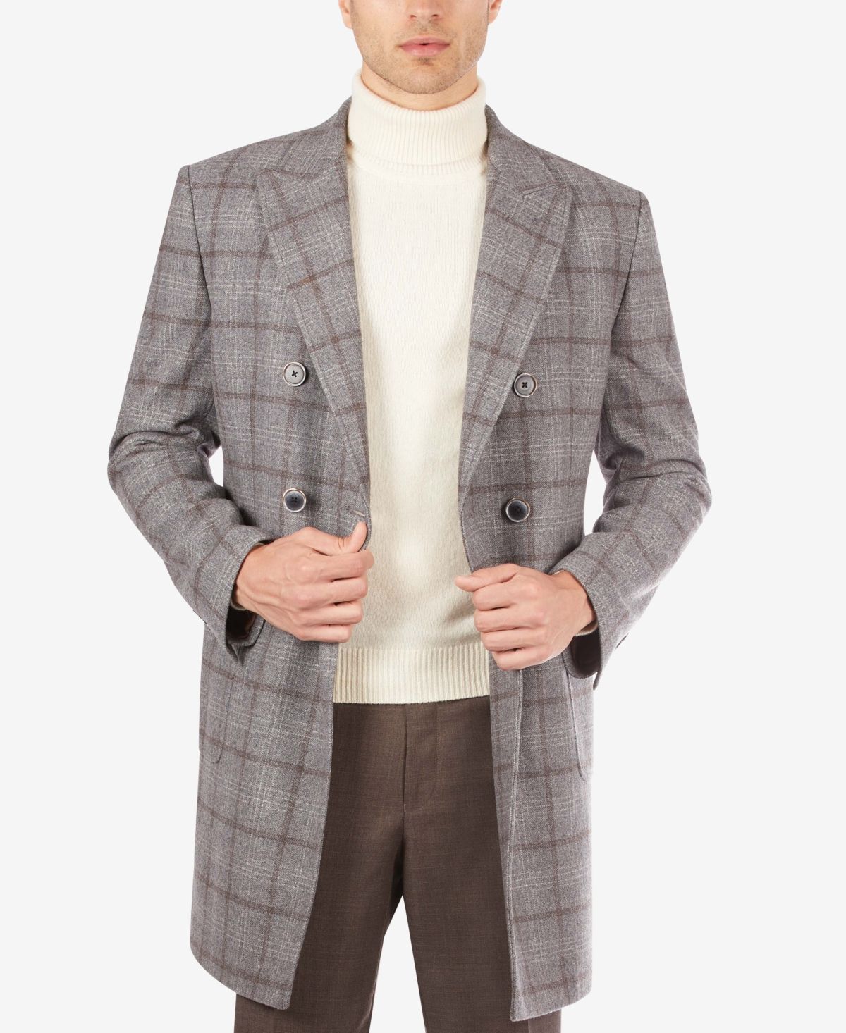 Tallia Men's Classic-Fit Gray Plaid Double-Breasted Overcoat | Macys (US)