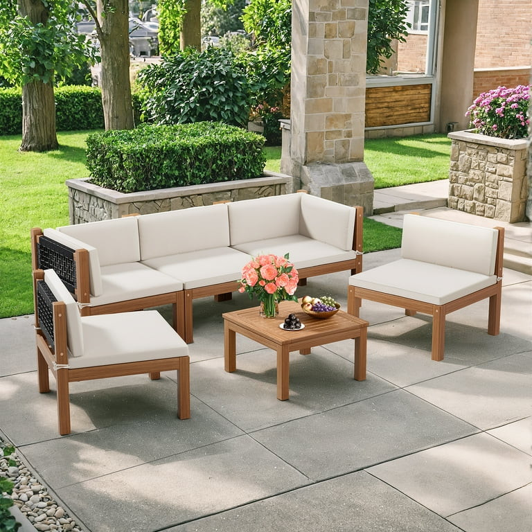 Homall 6 Pieces Patio Conversation Set Acacia Wood Outdoor Furniture Set, White | Walmart (US)