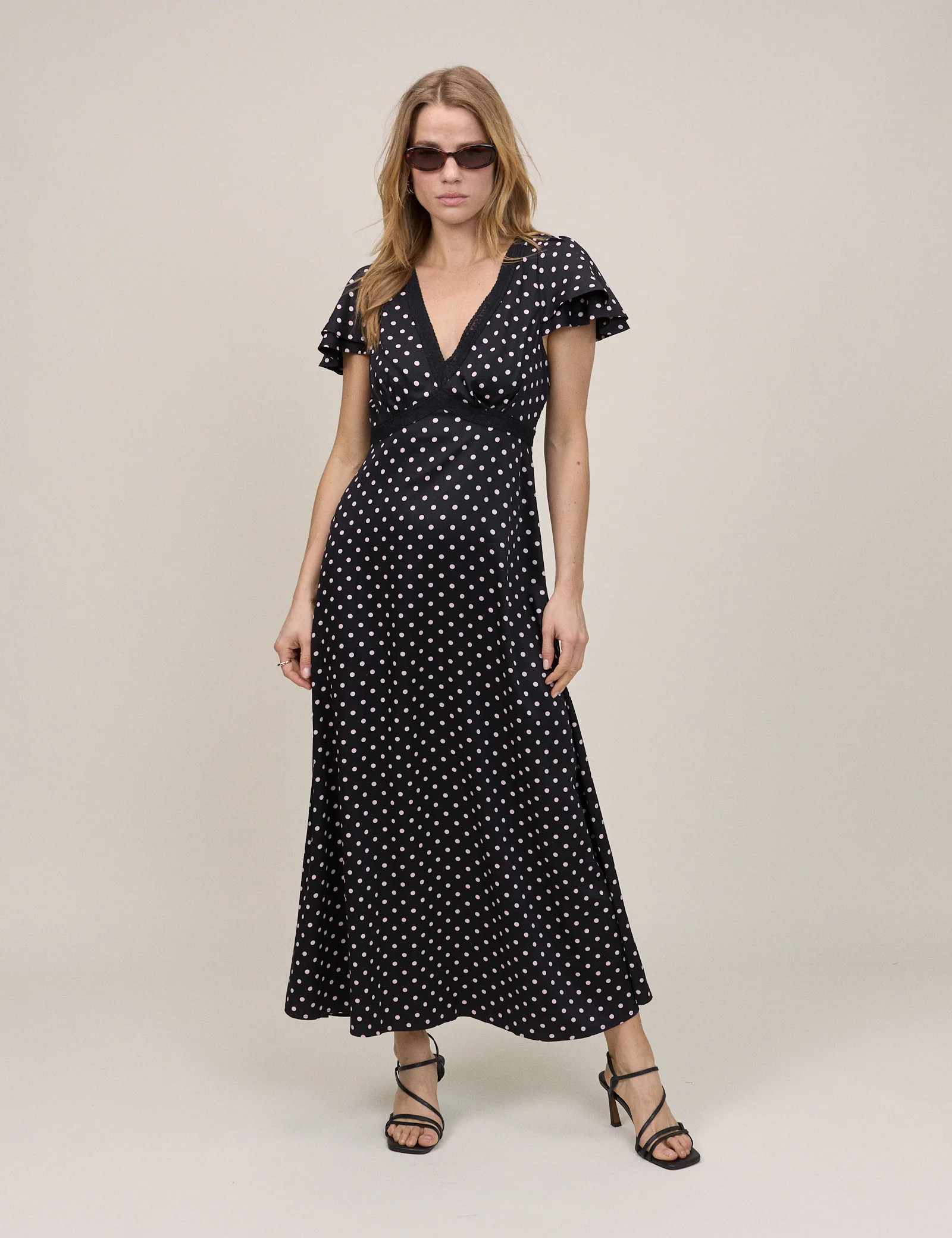 Black Polka Dot Lace Trim Iris Midi Dress | Nobody's Child