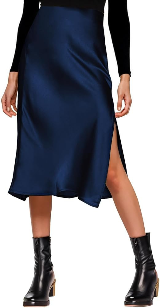 Womens Satin Silk High Waist Slit Midi Skirt Elastic Waistband Midi Skirts for Women | Amazon (US)