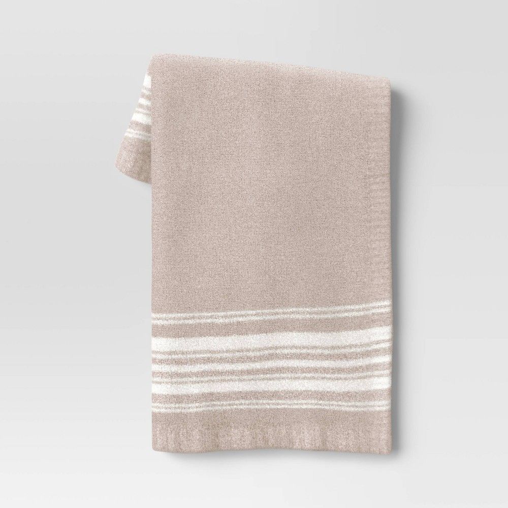 Cozy Feathery Knit Border Striped Throw Blanket Neutral/Ivory - Threshold | Target