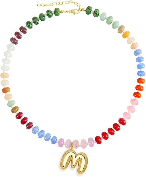 Elegant Boho Colorful Beaded Necklace with Gold Bubble Letter A-Z Pendant,Handmade Trendy Summer ... | Amazon (US)