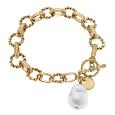 Fletcher Baroque Pearl & Twisted Metal T-Bar Bracelet in Worn Gold | CANVAS