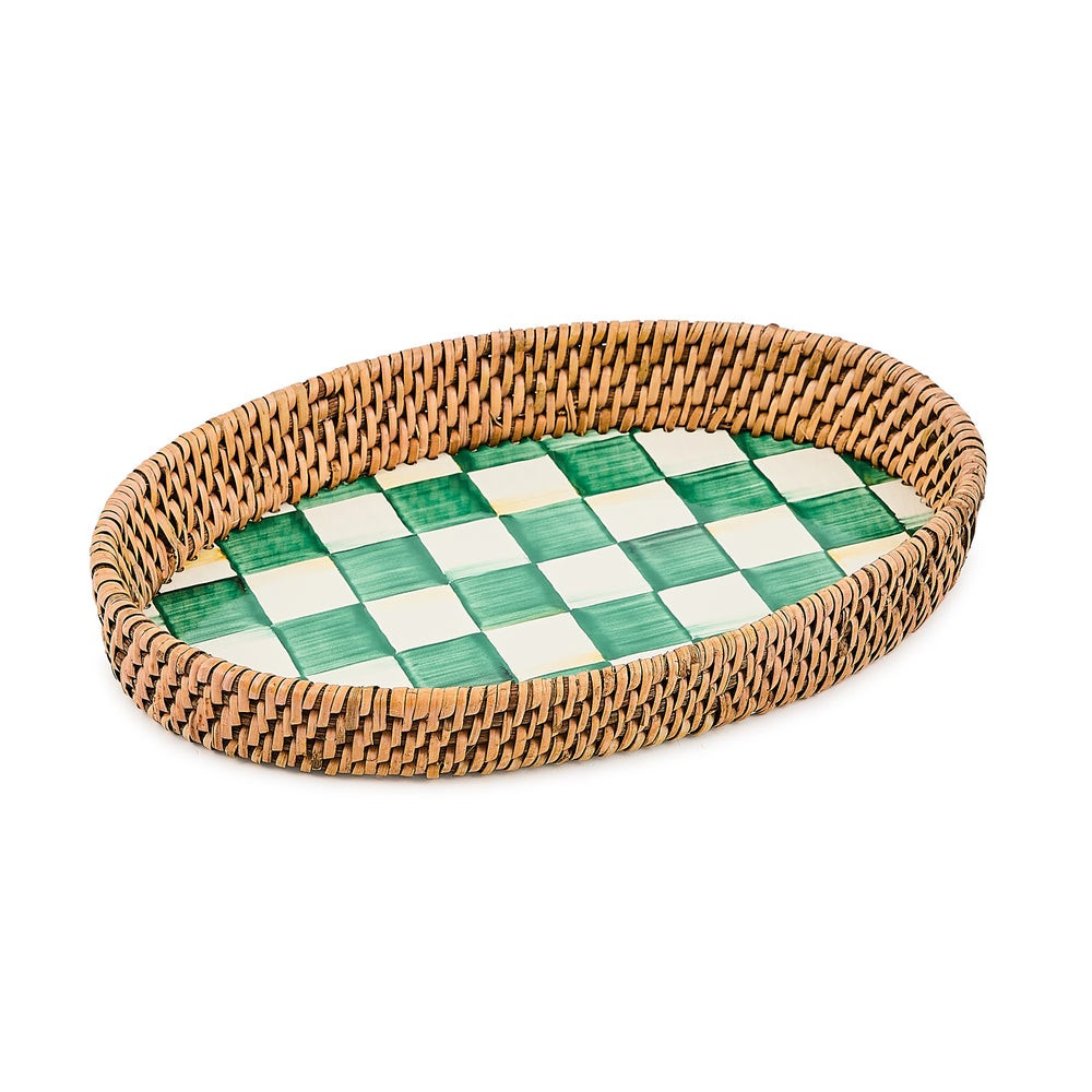 Emerald Check Enamel & Rattan Small Tray | MacKenzie-Childs