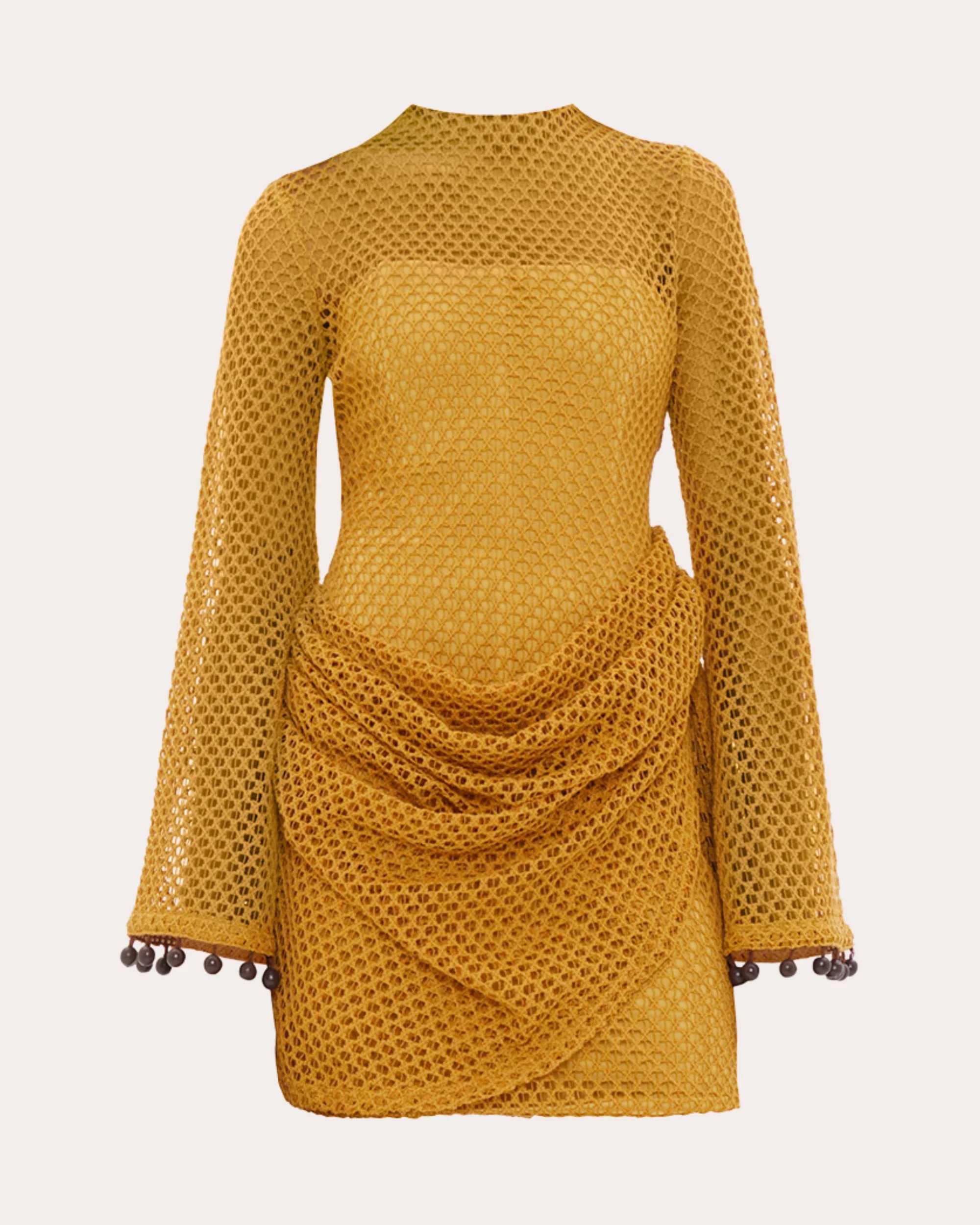Andrea Iyamah Women's Egu Embellished Draped Crochet-Knit Mini Dress in Mustard Cotton/Polyester | Olivela