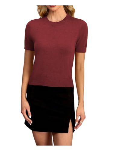 winkbay Women's Short Sleeve Sweater Crew Neck Knit Tops Dressy Casual Shirts Red Small | Amazon (US)