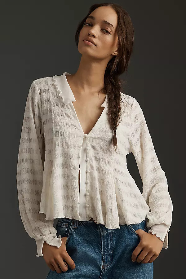 By Anthropologie Long-Sleeve Button-Front Textured Blouse | Anthropologie (US)