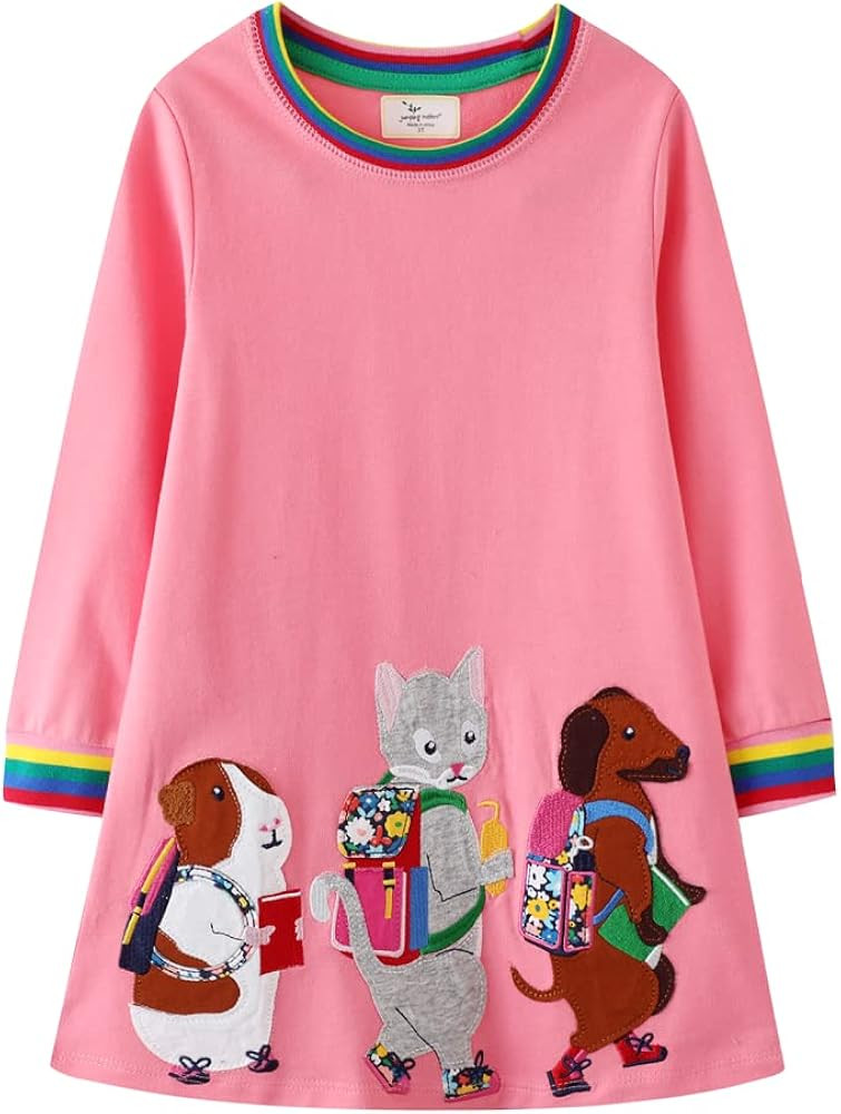 Hongshilian Girls Cartoon Dress Applique Party Dresses Casual Jersey Cotton Long-Sleeved | Amazon (US)
