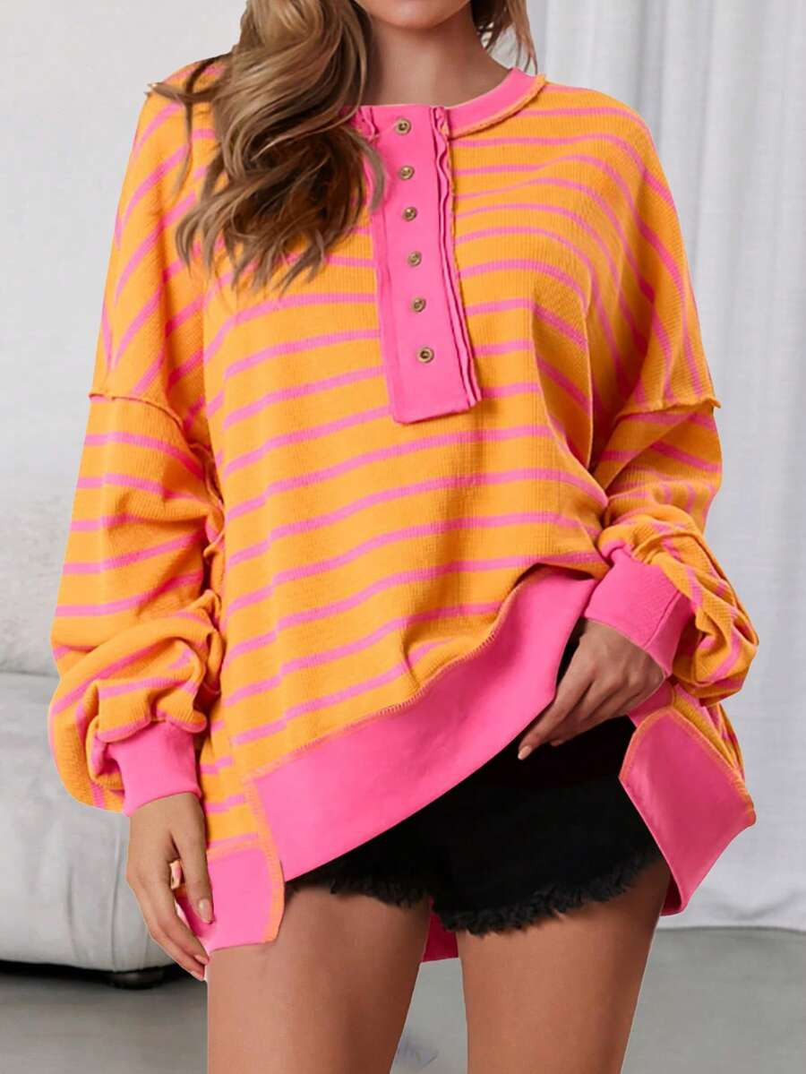 LocalWomens Fall Striped Oversized Sweatshirt Long Sleeve Button Up Henley Neck Waffle Knit Pullo... | SHEIN