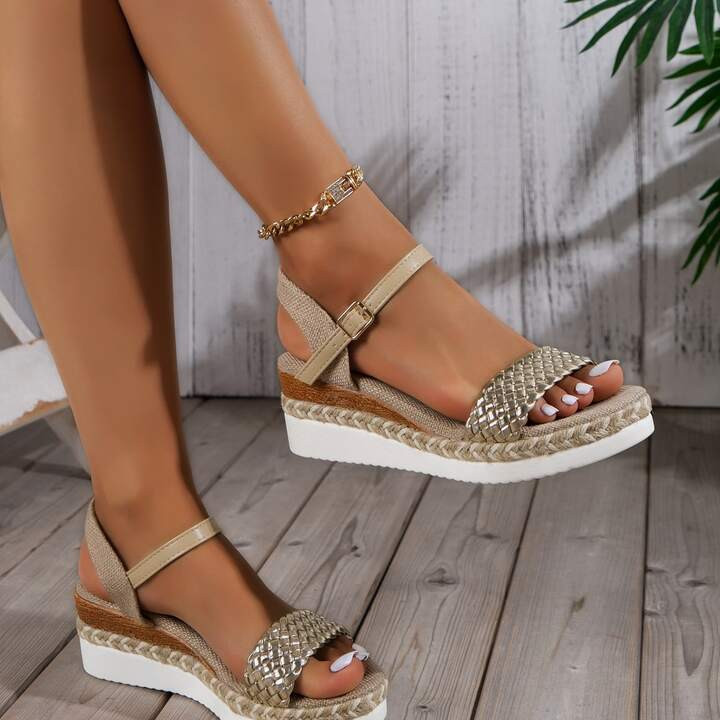 European And American Fashion Silver One-word Buckle Woven Grass Bottom Rope Sandals For Women Wi... | SHEIN