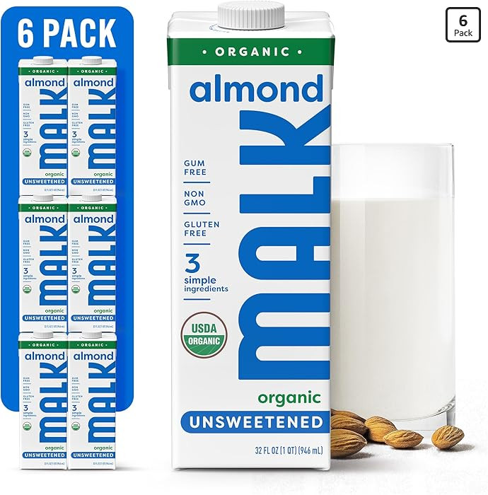 MALK Almond Milk Unsweetened (32oz, Pack of 6) - Shelf Stable Organic Almond Milk, Non GMO, Whole... | Amazon (US)