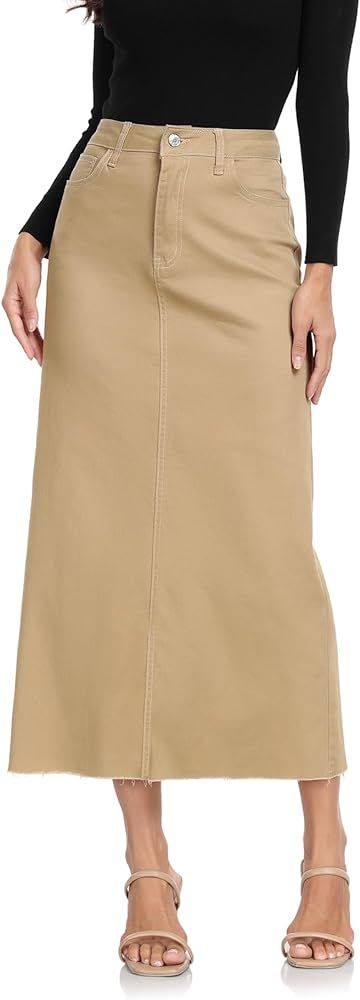MISS MOLY Women's Maxi Long Denim Skirts High Waist Frayed Raw Hem Split A line Flare Jean Skirt ... | Amazon (US)