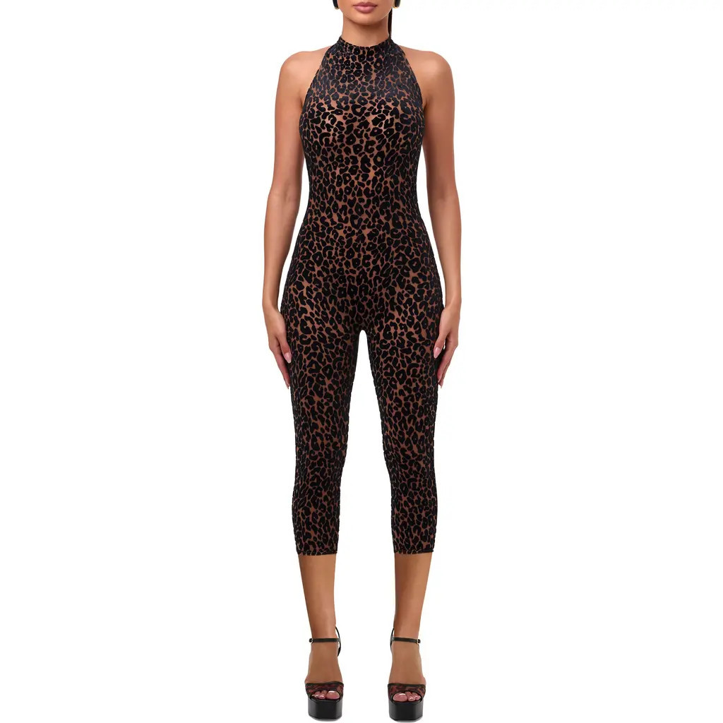 Naked Wardrobe Leopard Velvet Burnout Halter Capri Bodysuit in Leopard Nude at Nordstrom, Size Medium | Nordstrom