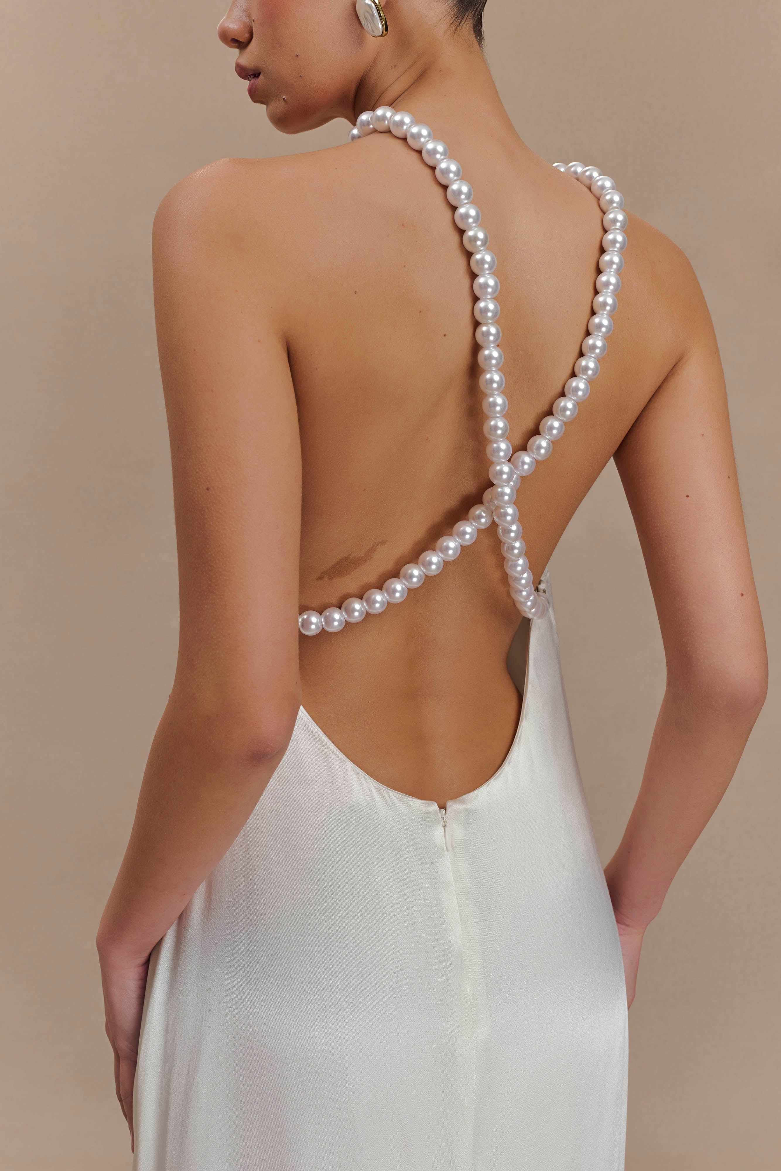 Blanche Satin Pearl Halter Maxi Dress - White | MESHKI US