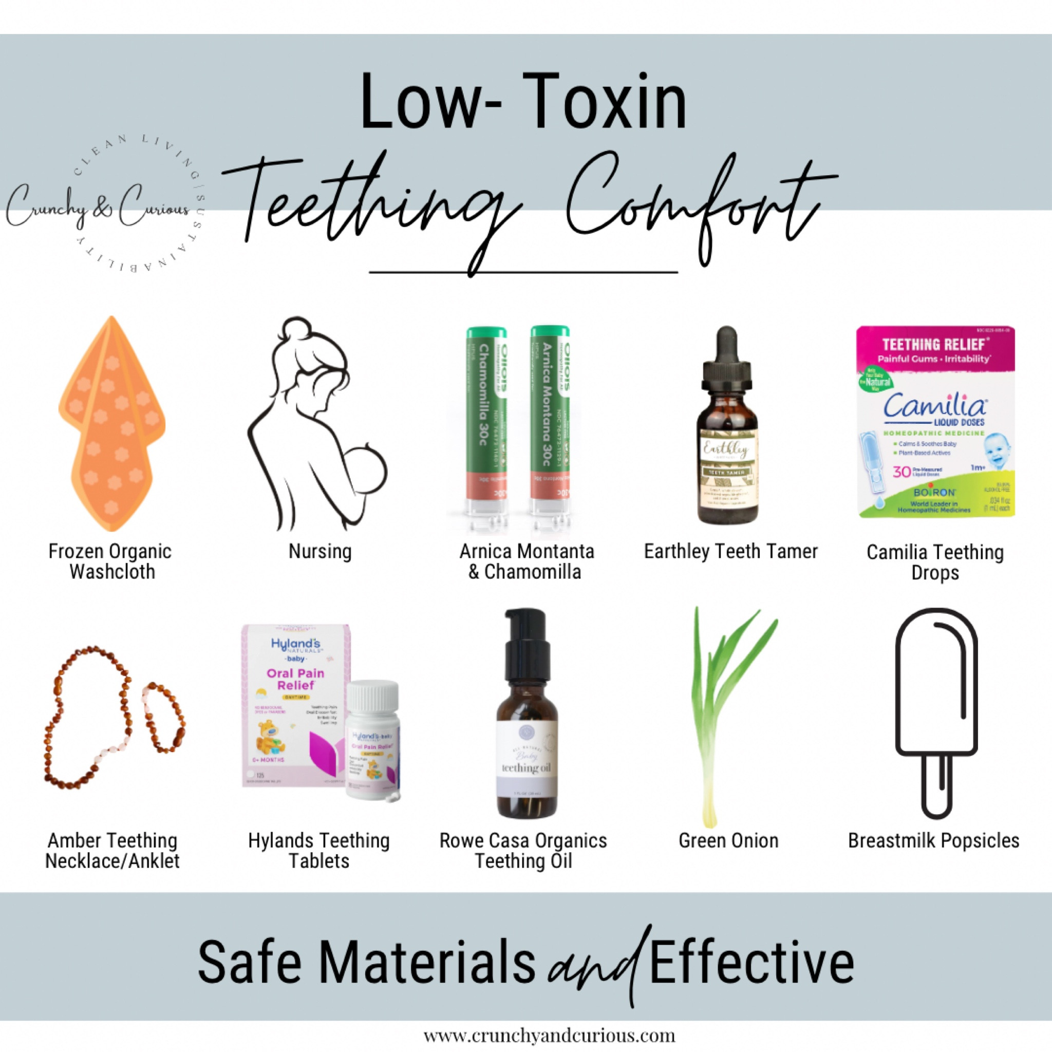 Teething is a milestone that comes with many different emotions for parents. It’s typically the start of eating solids, the loss of the adorable gummy smile, and quite possibly, the frustration that comes with the uncomfortable feelings your little one is experiencing. 

While there are many products out there that boast a teething cure-all, each kiddo is different and what works for one may not work for another. 

When it comes to teethers, choosing non-toxic options was essential for my little one. Why? Because your baby explores the world through their mouth, and the last thing you want is harmful chemicals in their teethers.

Prioritize teethers made from safe materials such as natural rubber, organic cotton, or untreated wood.

For teething comfort there are some great options out there with better ingredients!

Organic frozen washcloth
Nursing
Cuddles
Arnica
Homeopathy
Rowe casa teething oil
Camila teething drops
Amber teething necklace 
Hylands teething 
Green onion hack
Breastmilk popsicles

#LTKkids #LTKbump #LTKbaby