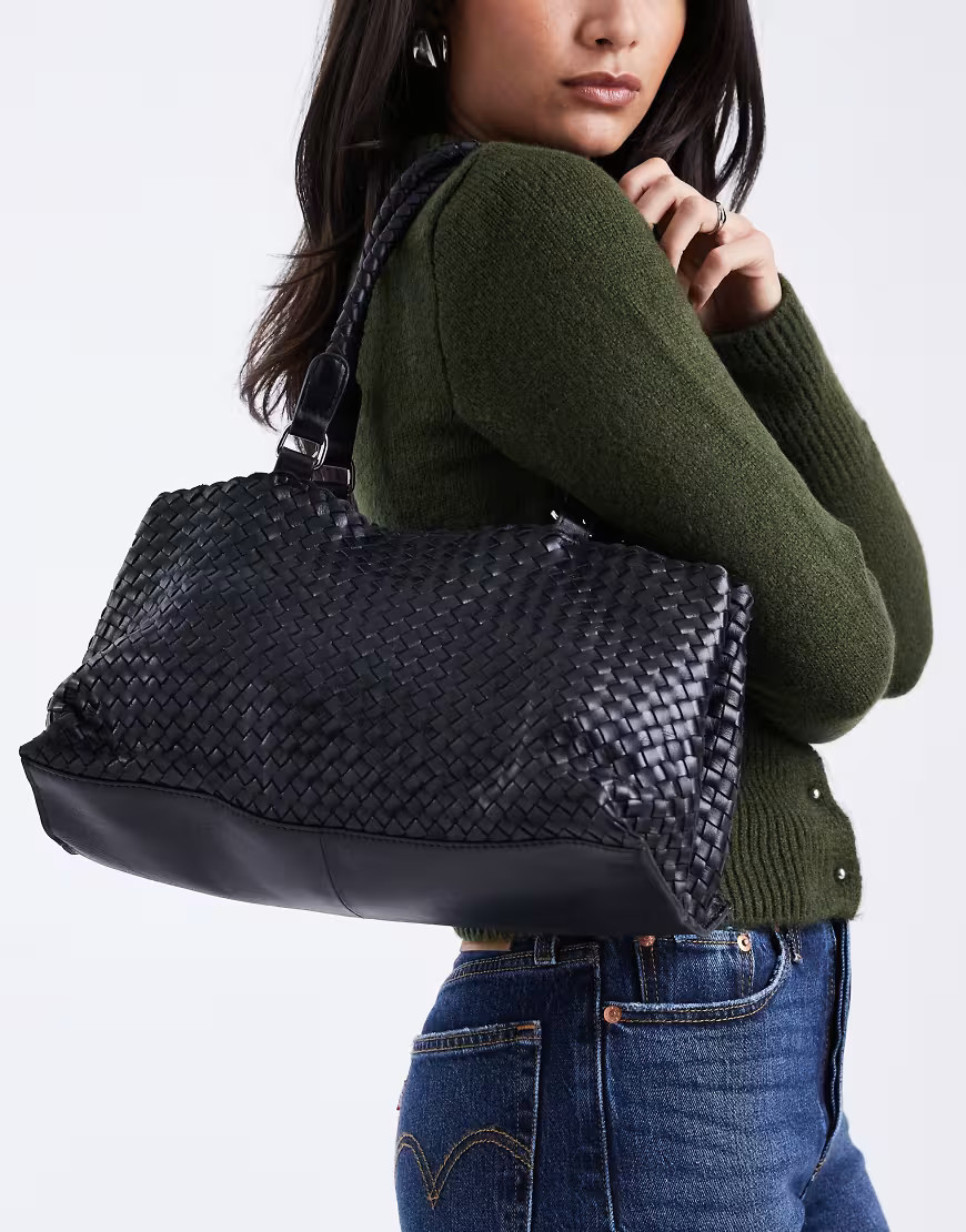 ASOS DESIGN leather weave tote bag in black | ASOS (Global)