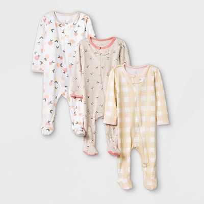 Baby Girls' 3pk Fruit Print Zip-Up Sleep N' Play - Cloud Island™ Yellow/Brown/White | Target