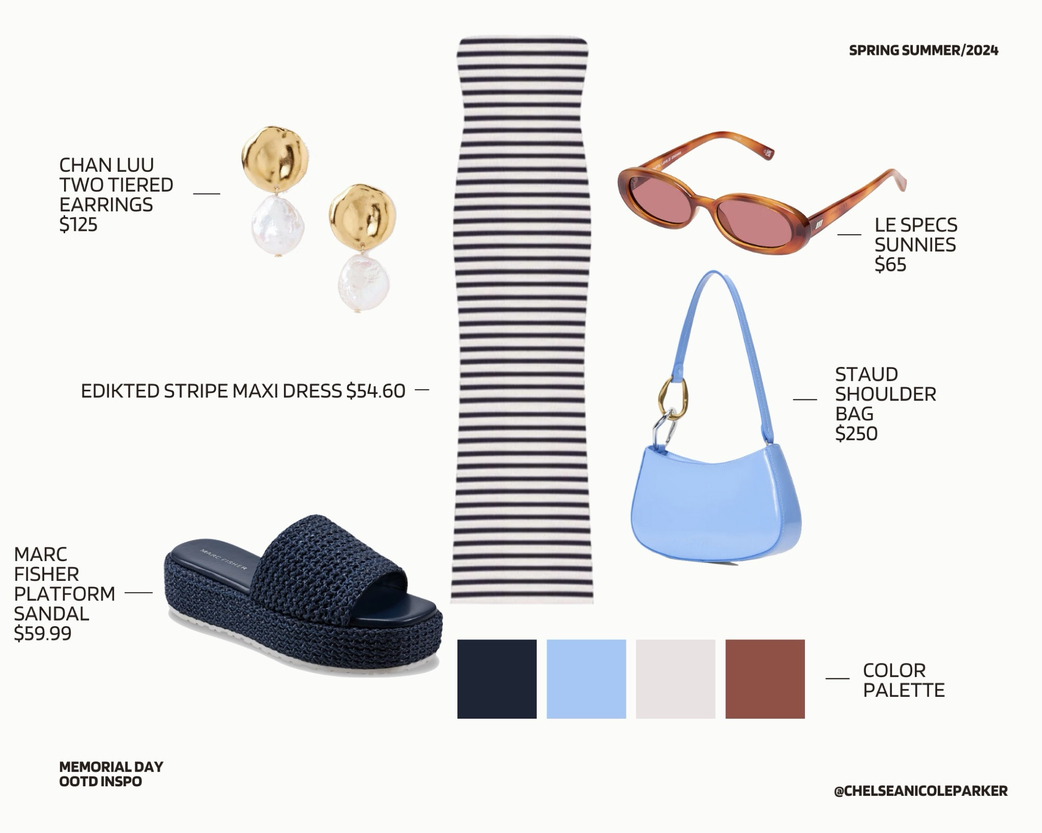 Edikted Navy White Stripe Strapless  Form Fitting Maxi Dress ON SALE + STAUD Baby Blur Shoulder Bag + Le Specs Sunglasses + Chan Luu Gold Pearl Drop Earrings + Navy Straw Platform Slides Sandals - Summer Dress / 90s Fashion / Sun Dress / Memorial Day Weekend / OOTD Inspo

#LTKfindsunder100 #LTKsalealert #LTKfindsunder50