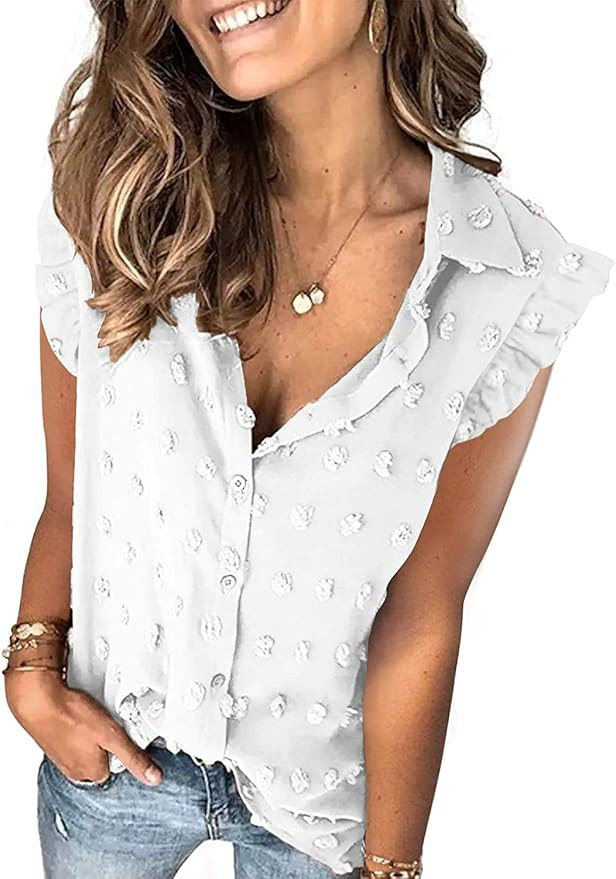 BTFBM Women's Casual Chiffon Summer Tops V Neck Short Sleeves Cute Swiss Dot Solid Color Button D... | Amazon (US)