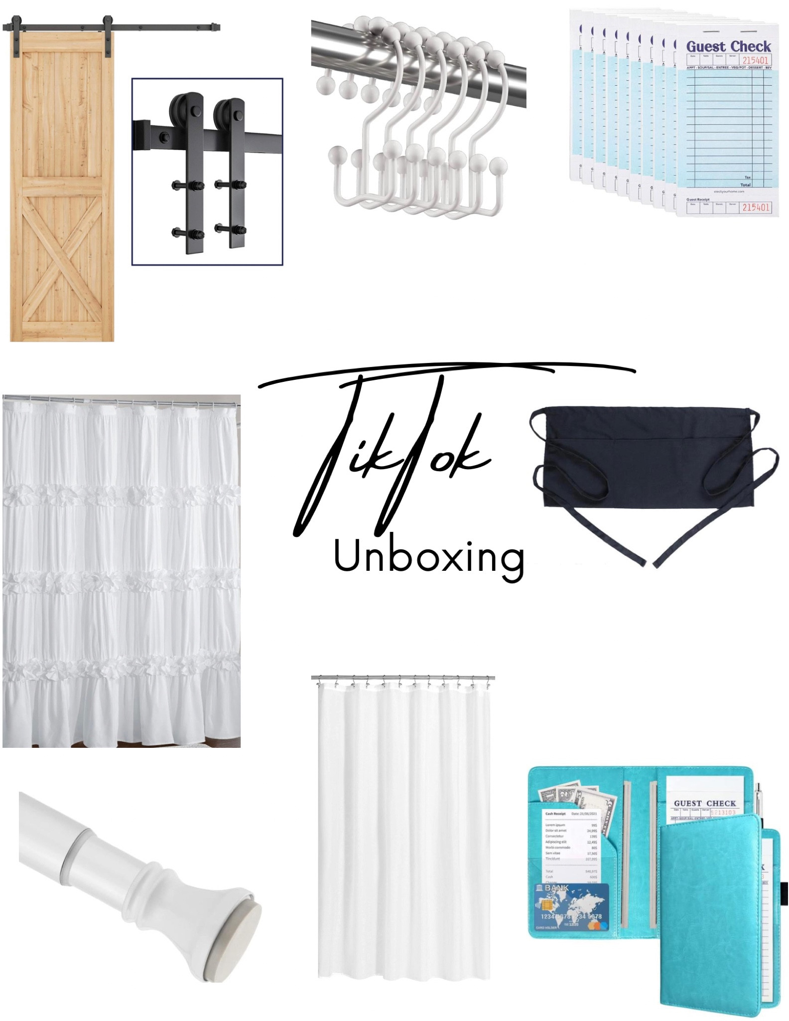 TikTok Unboxing Items! Slowly buying stuff for the house a little at a time! This order mostly consisted of stuff for the shower like the cutest white, ruffle, shabby chic shower curtain, shower liner, extension rod, and shower curtain hooks! Also had a few serving essentials to get including a serving apron, book, and pads! Can’t forget the sliding barn door hardware for the upstairs bathroom!🤍

#LTKworkwear #LTKFind #LTKhome