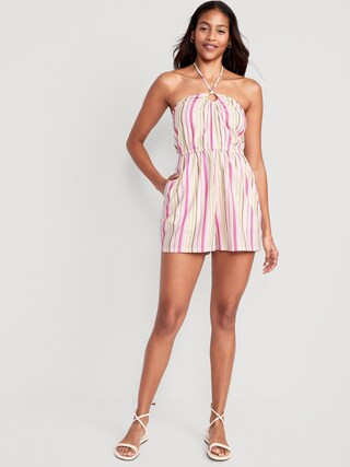 Striped O-Ring Halter Romper for Women -- 3.5-inch inseam | Old Navy (US)