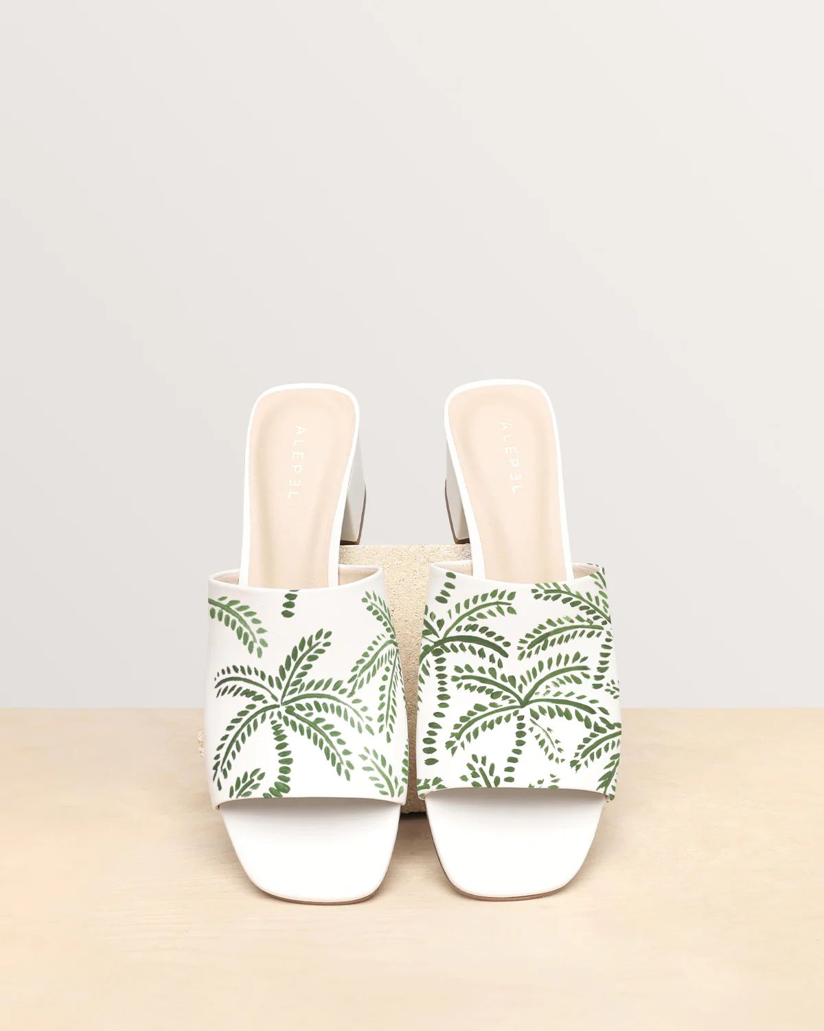 White & Green Abstract Palms Block-Heel Sandal | Olivela