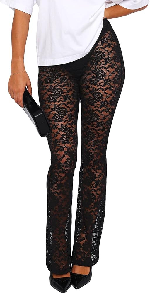 Women Lace Pants Leggings Sexy Sheer Mesh Rave Pants Wide Leg Bell Bottom Cover Up | Amazon (US)