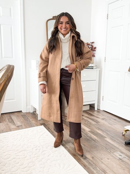 Wool coat size XS petite - oversized fit (color brown) 
Cable Turtleneck Sweater size xs - flowy fit (color cream) 
Brown leather pants in faux leather size 25 petite curvy TTS 
Brown boots size 5 TTS

Thanksgiving Outfit 
Holiday Outfits 
Holiday Dress
Fall Outfits
Gift Guide for her 
Gift Guide 

Honey Sweet Petite 
Honeysweetpetite 

#LTKSeasonal #LTKstyletip #LTKHoliday