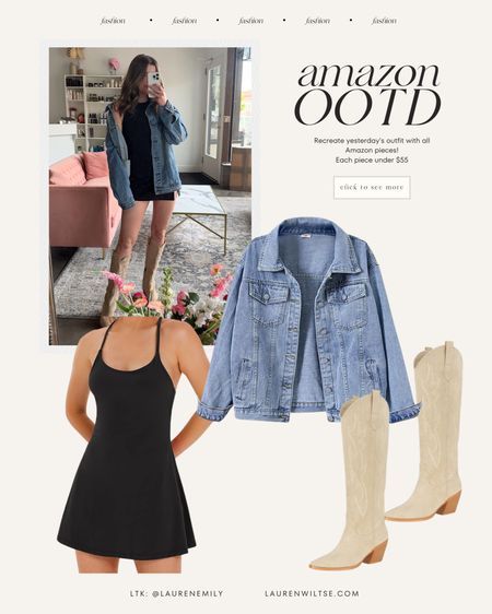 Affordable Amazon outfit idea! Cowgirl boot outfit idea and jean jacket outfit inspiration for casual fashion looks! I love Amazon fashion and easy outfits to recreate for spring and summer!

#LTKFindsUnder50