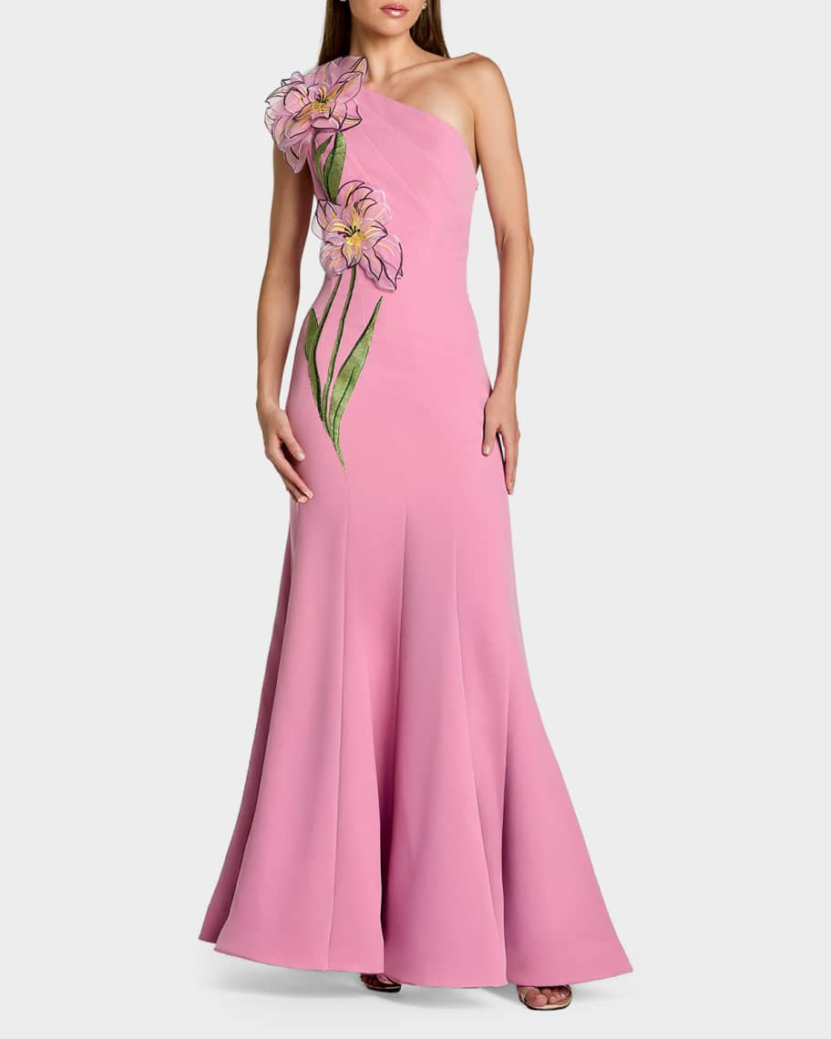 Mac Duggal Floral Appliqu\u00e9 One-Shoulder Gown | Neiman Marcus