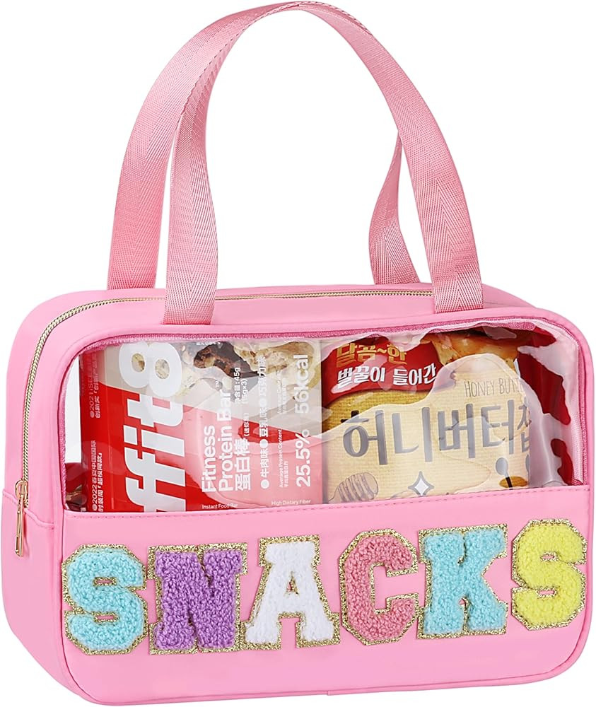 Snack Bag for Travel - Chenille Letter Clear Makeup Bag, Large Preppy Patch Snack Cosmetic Bag wi... | Amazon (US)
