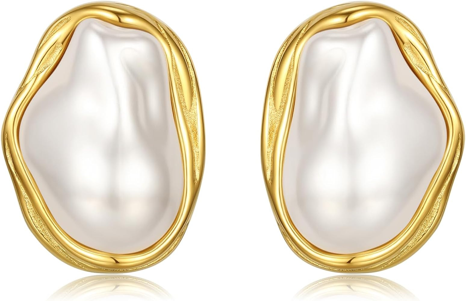 Vintage Pearl Earrings Chunky 14K Gold Plated Pearl Earrings for Women Oval Stud Non Tarnish | Amazon (US)