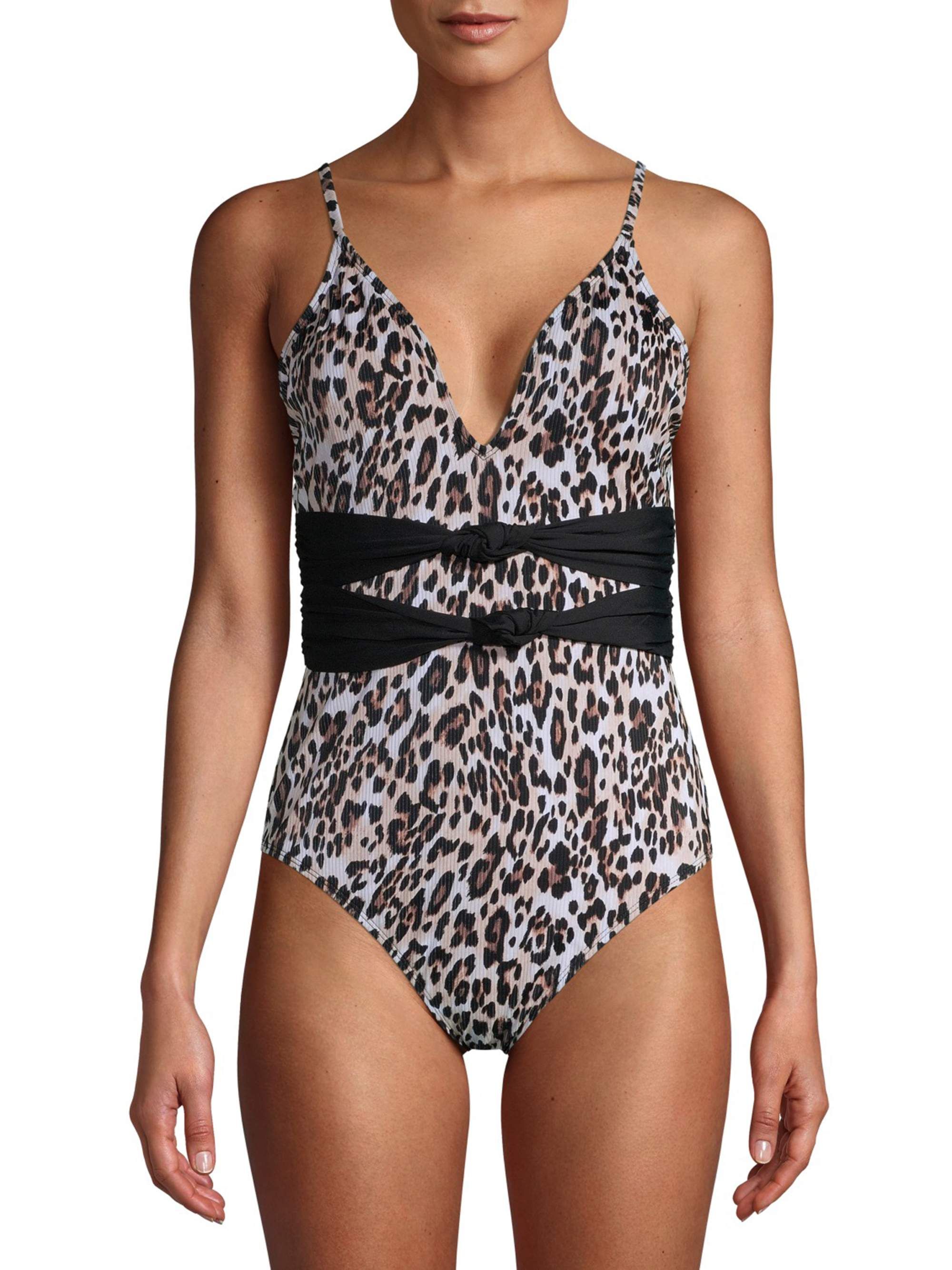 Time and Tru Women's Belted Leopard One Piece Swimsuit | Walmart (US)