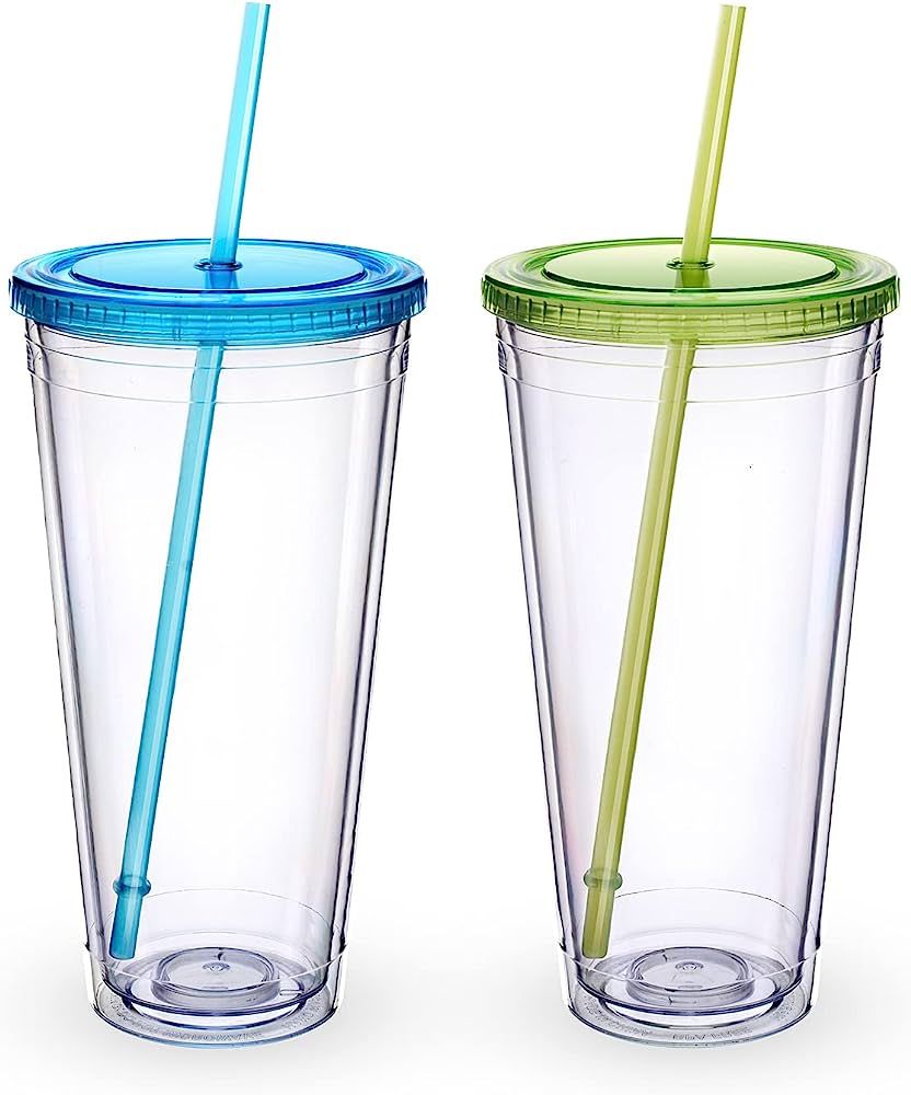 Zukro 32 oz Clear Acrylic Tumbler with Colored Straw and Lid, Double Wall Plastic Insulated Cup,R... | Amazon (US)
