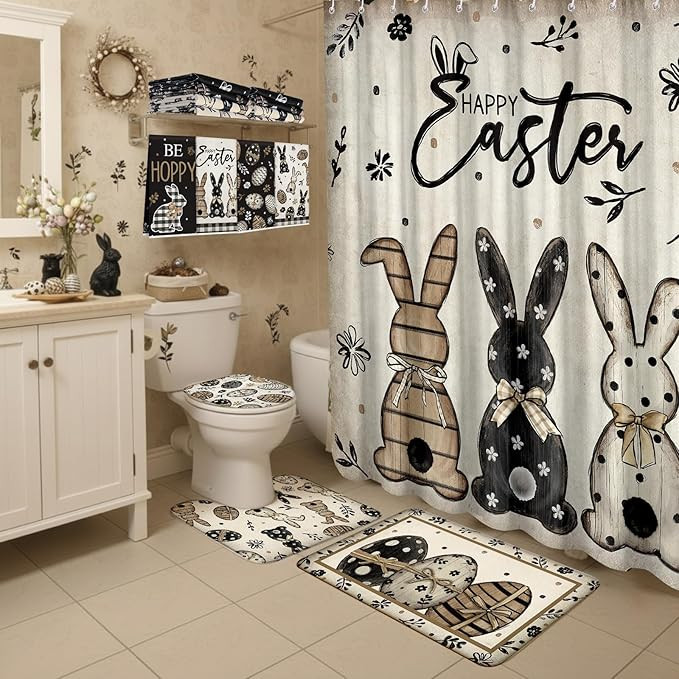 8 Pcs Happy Easter Shower Curtain Set Bunny Eggs Bathroom Curtain with 12 Hooks Farmhouse Rabbit ... | Amazon (US)