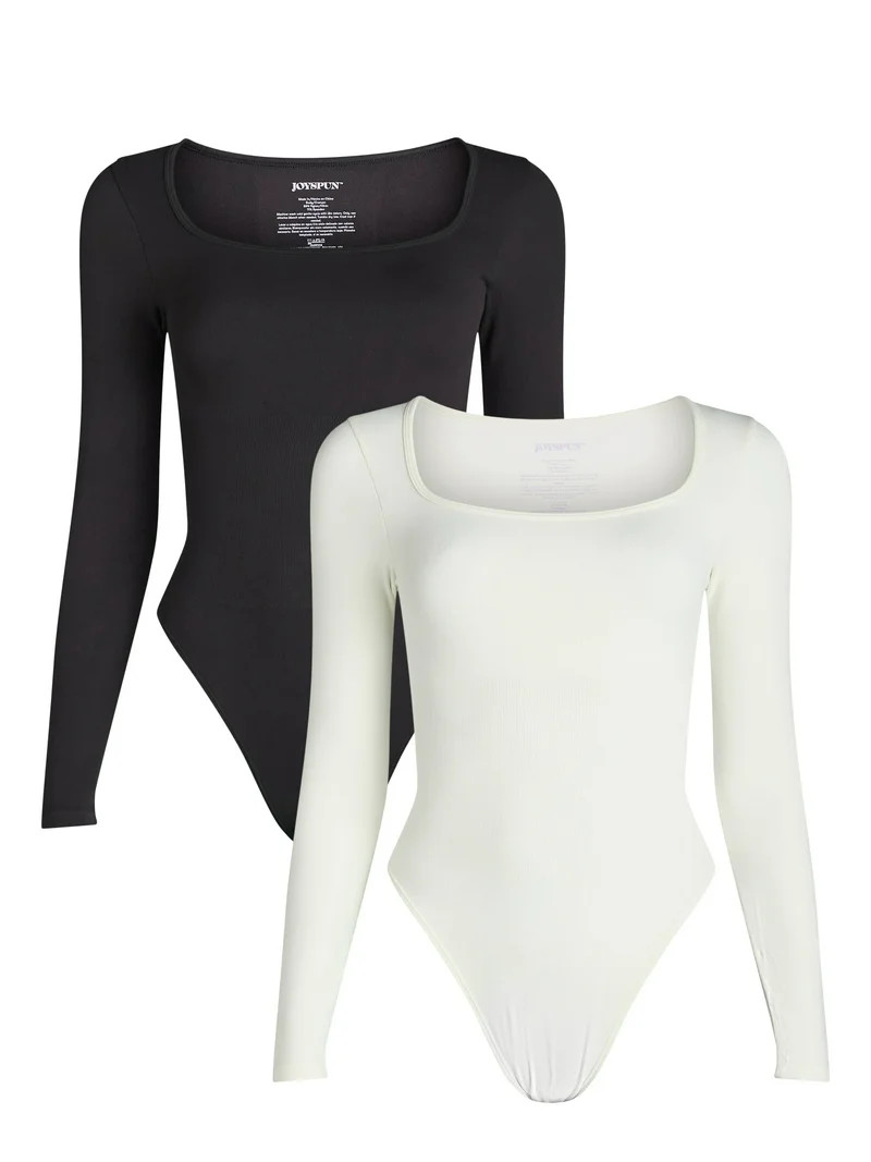 Joyspun Women's Seamless Slimming Square Neck Bodysuit with Long-Sleeves, 2-Pack, Sizes S-3XL | Walmart (US)