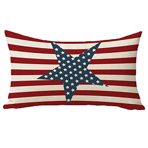 FBCOO July 4th Patriotic Farmhouse Decorative Throw Pillow Case Vintage American Flag Decoration Star Independence Day Sign Cushion Cover Home Decor 12 x 20 Inch Cotton Linen for Sofa Couch | Amazon (US)