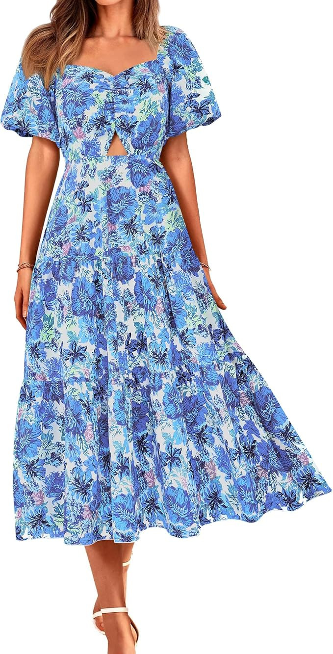 BTFBM Summer Dresses for Women 2026 Spring Outfits Beach Vacation Short Sleeve Smocked Boho Casua... | Amazon (US)